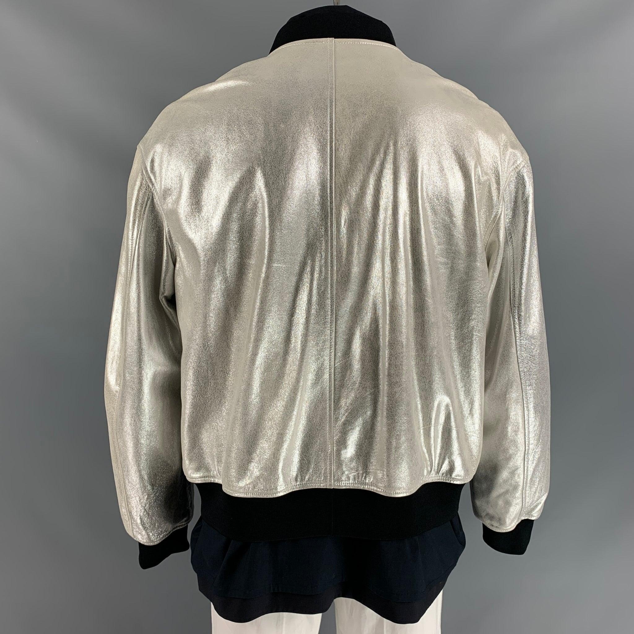 3.1 PHILLIP LIM Size L Silver Black Mixed Materials Bomber Jacket In Excellent Condition For Sale In San Francisco, CA