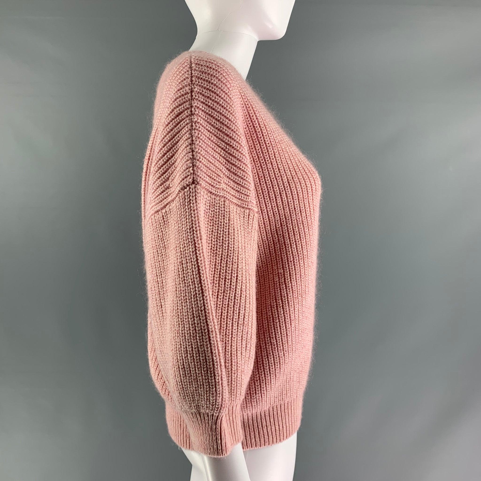 3.1 PHILLIP LIM sweater comes in pink wool and polyester heavy knit sweater featuring a cropped sleeve style, drop shoulder, and crew- neck.Very Good Pre-Owned Condition. Minor piling. 

Marked:   M 

Measurements: 
 
Shoulder: 20 inches Chest: 20