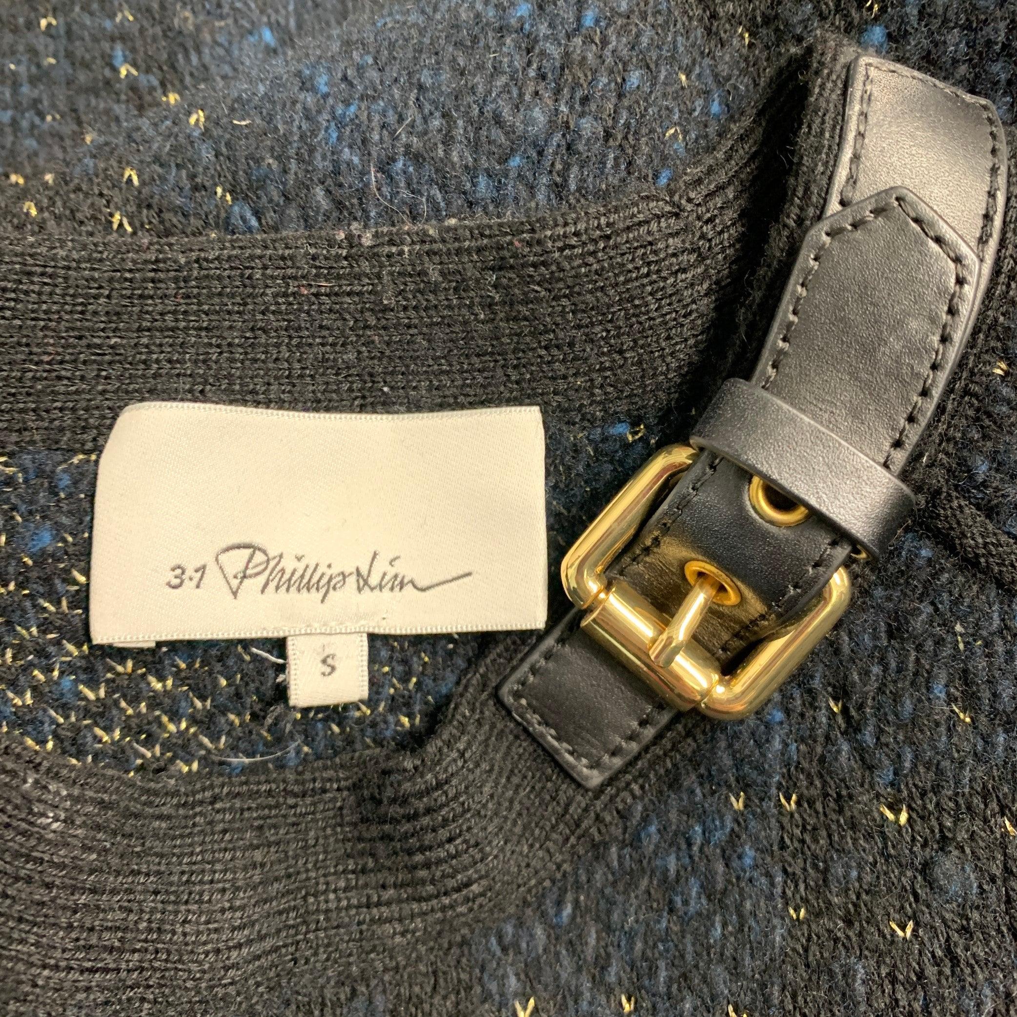 3.1 PHILLIP LIM Size S Black Gold Wool Blend Knit Leather Buckle Sweater For Sale 4