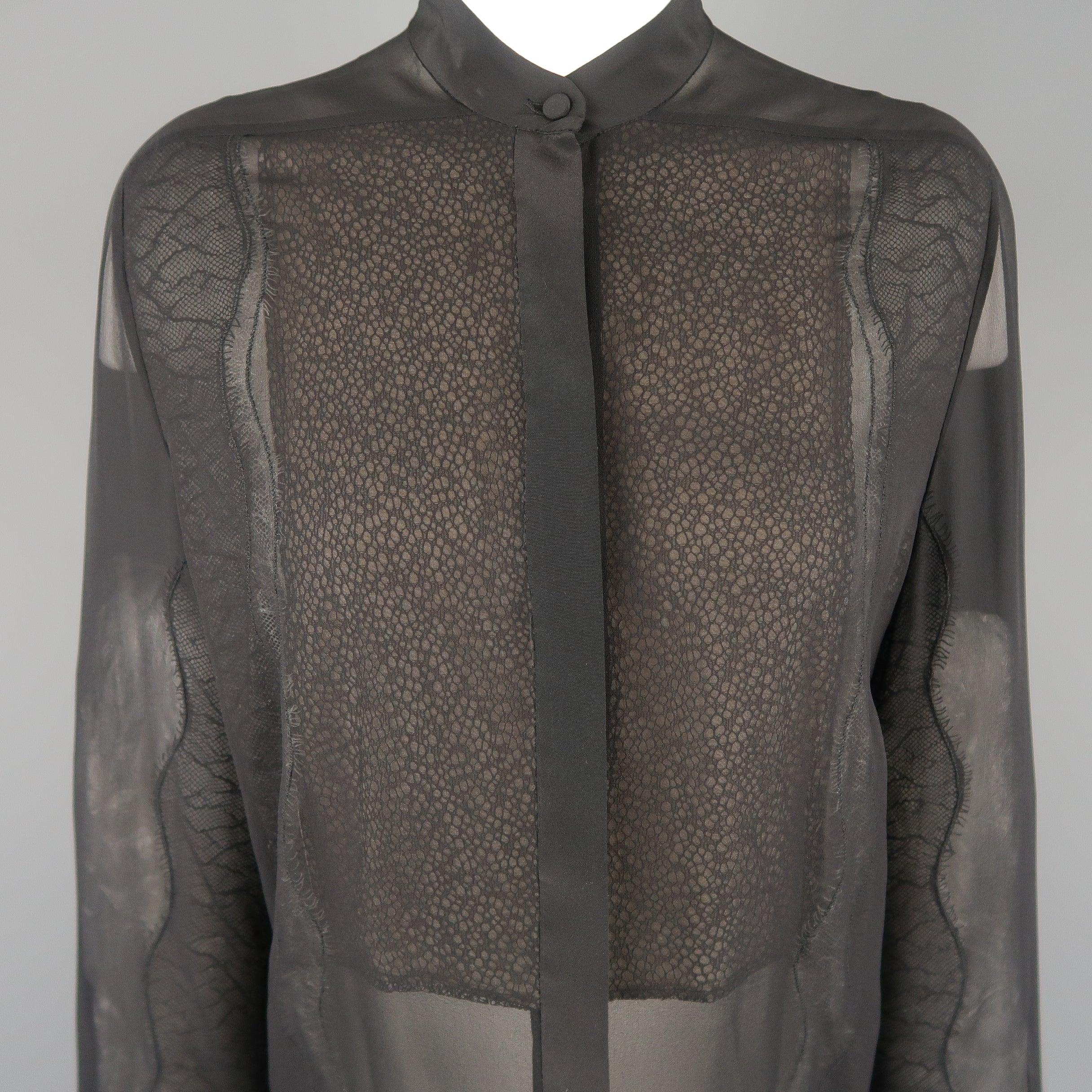3.1 PILLIP LIM blouse come sin black silk chiffon with a band collar, hidden placket button front, and lace panels. 
Excellent Pre-Owned Condition.
 

Marked:   (no size)
 

Measurements: 
  
l	Shoulder: 14 inches 
l	Bust: 20 inches 
l	Sleeve: 25