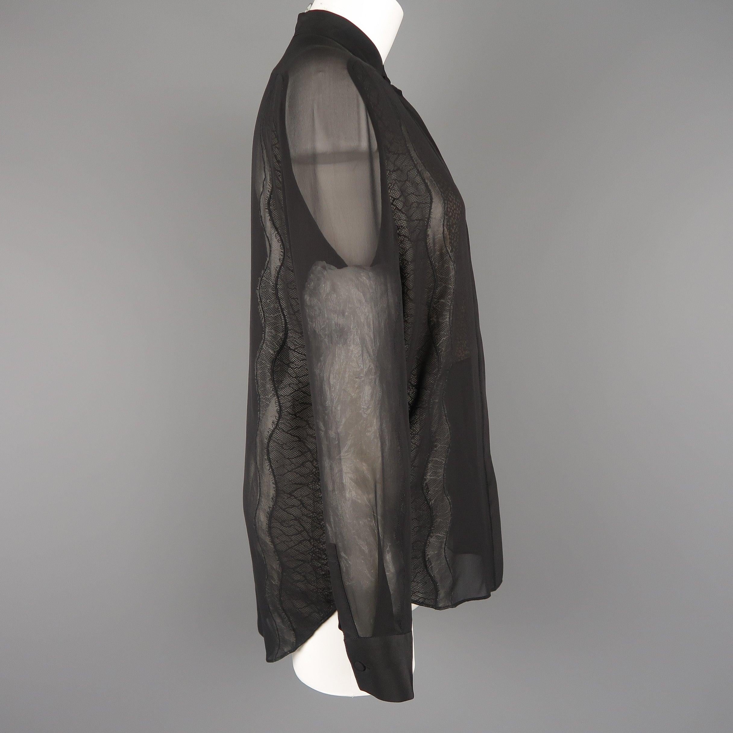 3.1 PHILLIP LIM Size S Black Silk Chiffon Lace Panel Band Collar Blouse For Sale 1