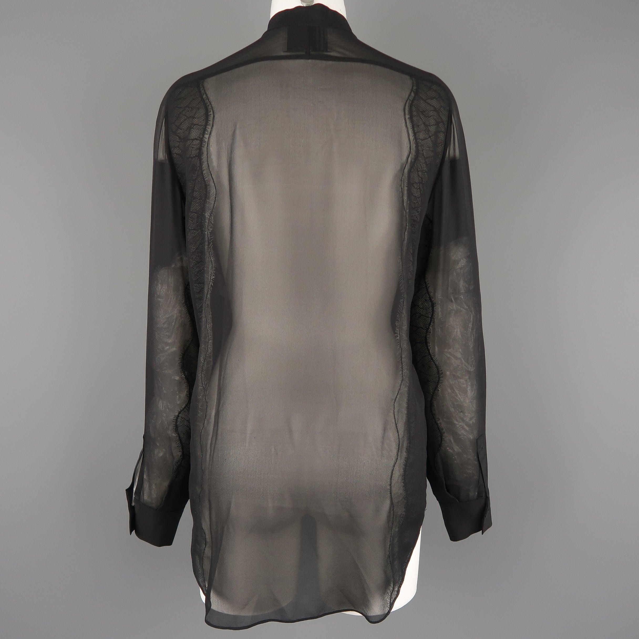3.1 PHILLIP LIM Size S Black Silk Chiffon Lace Panel Band Collar Blouse For Sale 2