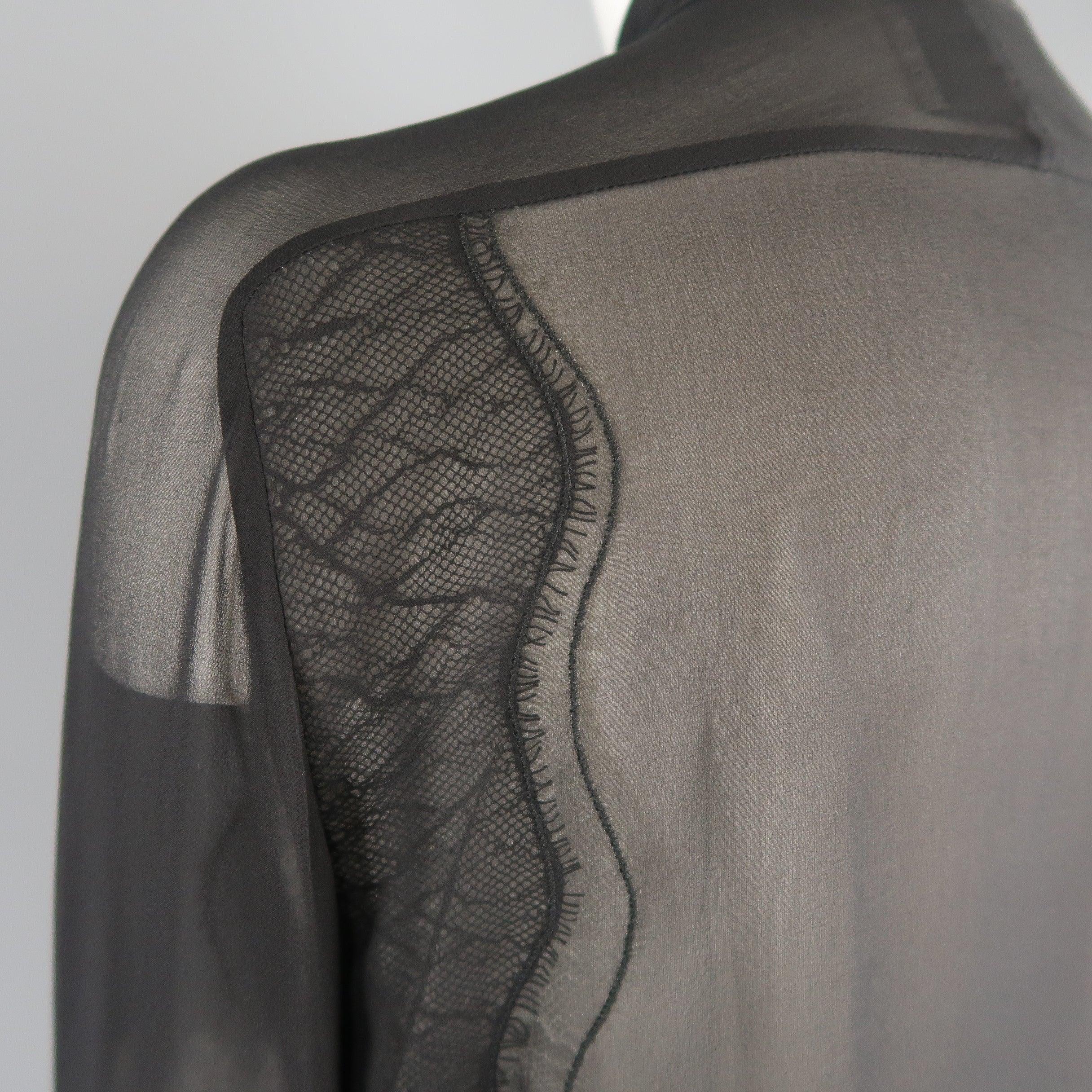 3.1 PHILLIP LIM Size S Black Silk Chiffon Lace Panel Band Collar Blouse For Sale 3
