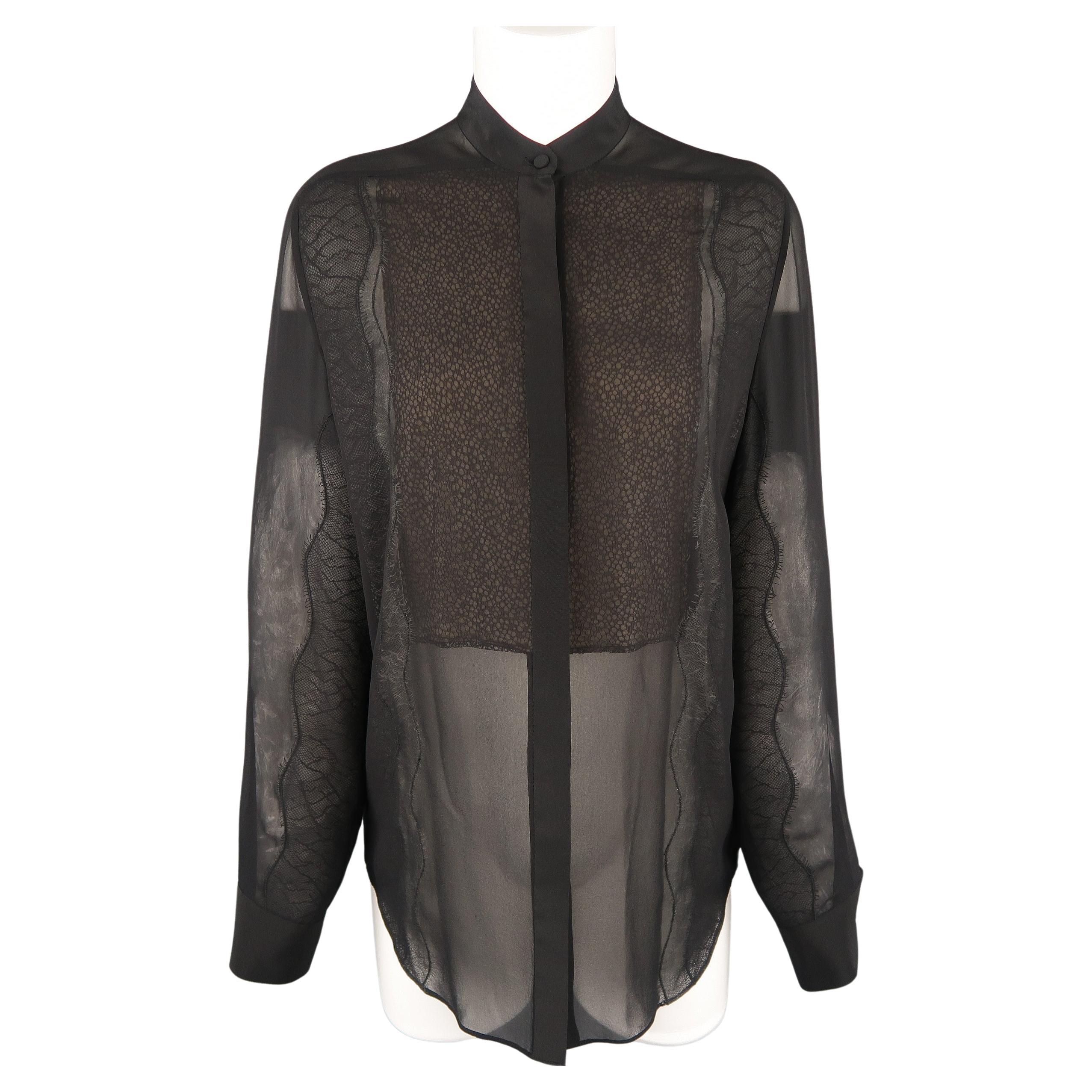 3.1 PHILLIP LIM Size S Black Silk Chiffon Lace Panel Band Collar Blouse For Sale