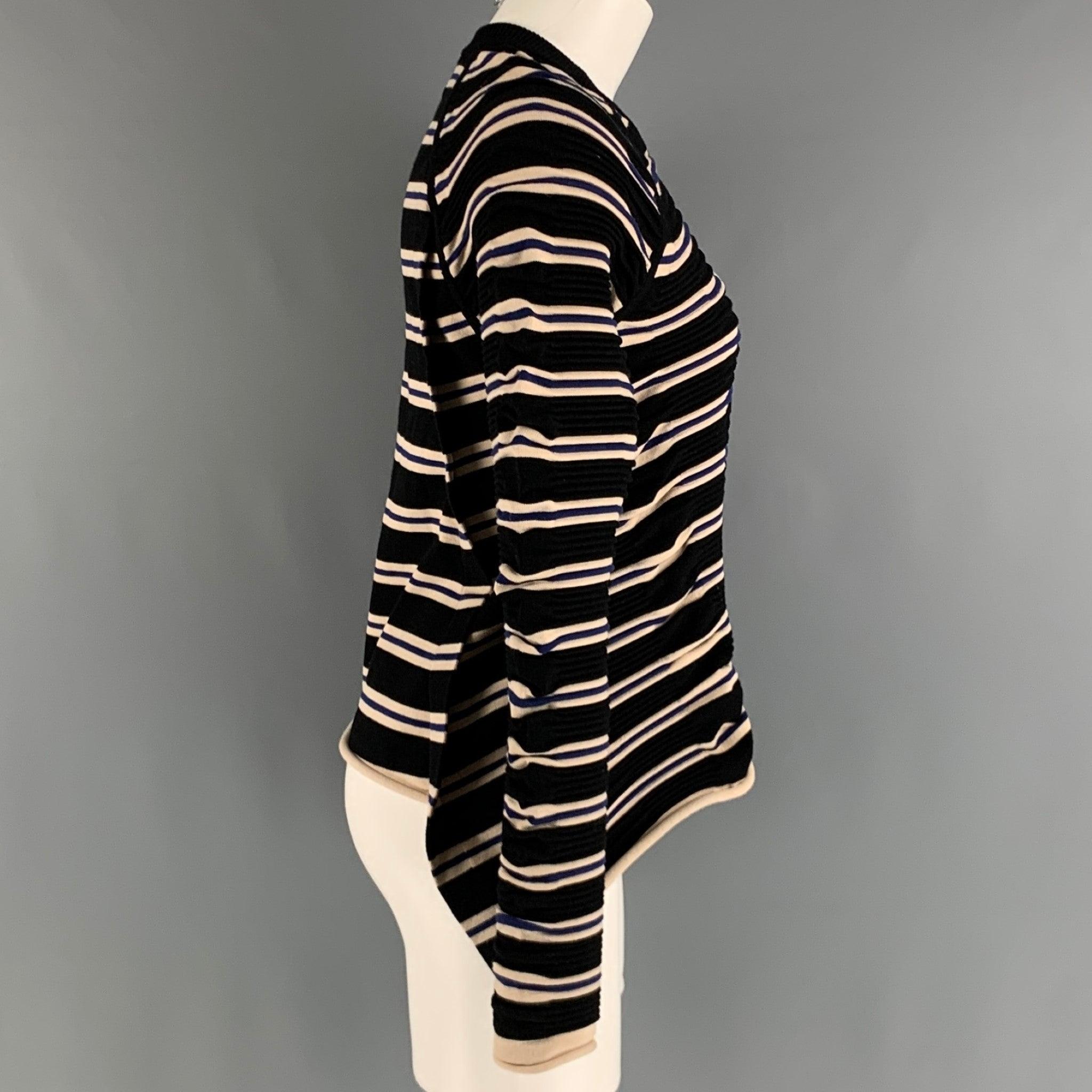 3.1 PHILLIP LIM pullover comes in a black, navy and white striped polyester blend knit material featuring a gathered ruched texture, asymmetrical hem, raglan and a crew-neck. Very Good Pre-Owned Condition. 

Marked:   S 

Measurements: 
 
Shoulder: