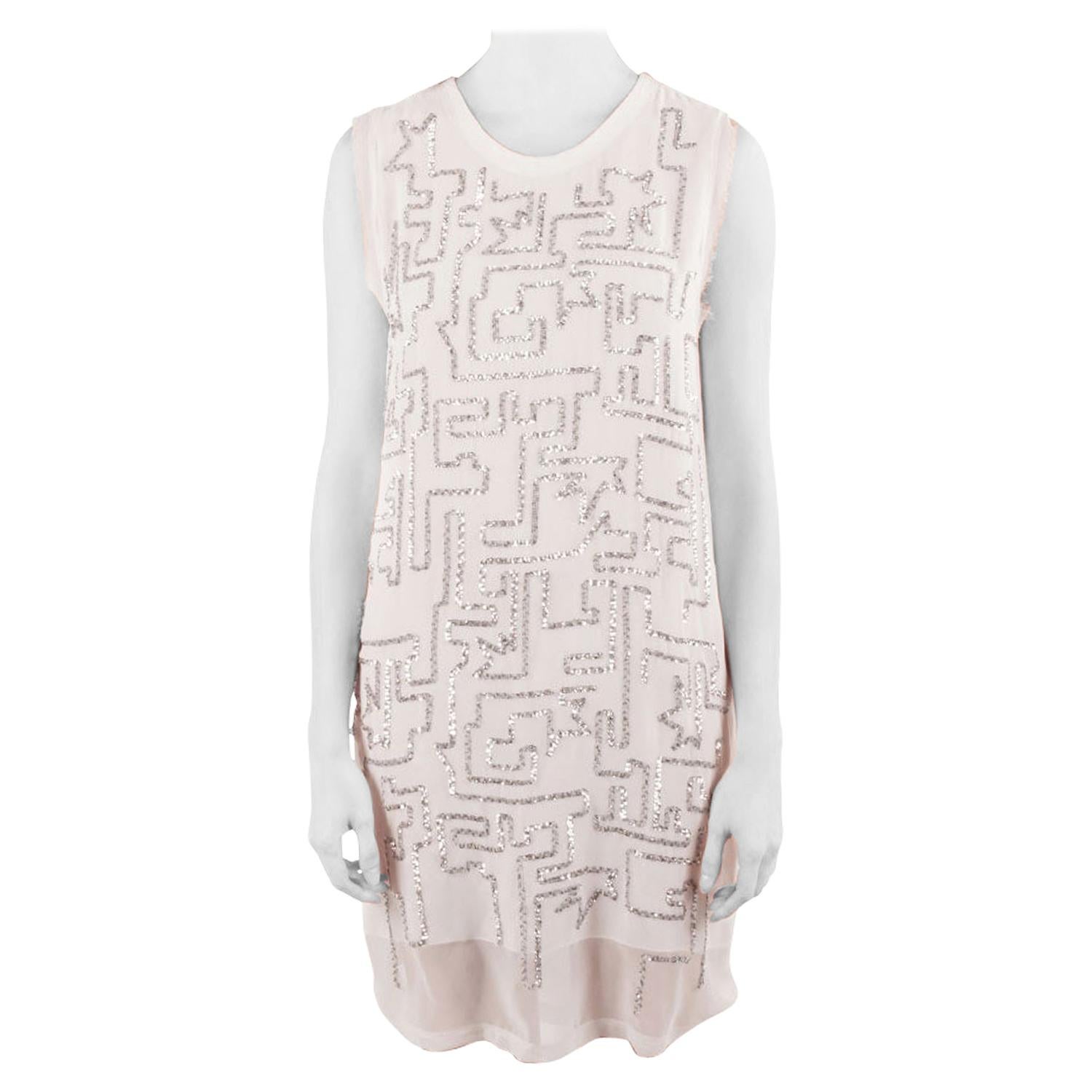 3.1 Phillip Lim White Chiffon Silver Sequined Maze Embellished Shift Dress S