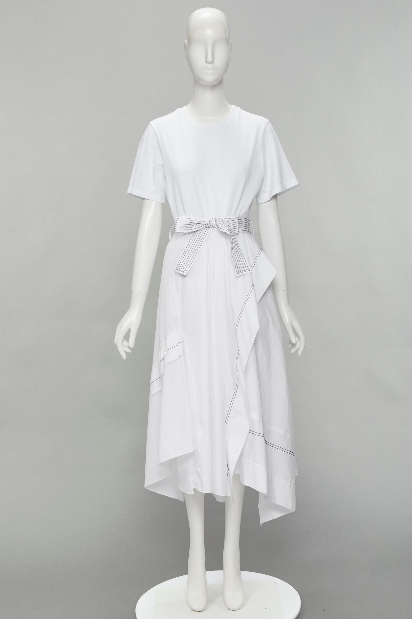3.1 PHILLIP LIM white cotton tshirt overstitch detail belted dress US6 S 6