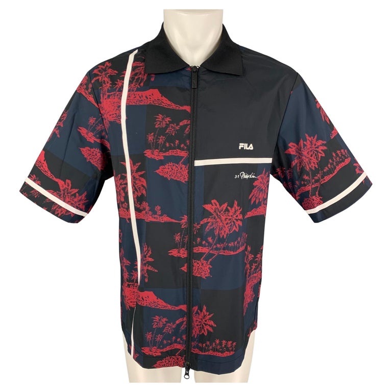 3.1 PHILLIP LIM x FILA Size L Navy Red Print Full Zip Short Sleeve