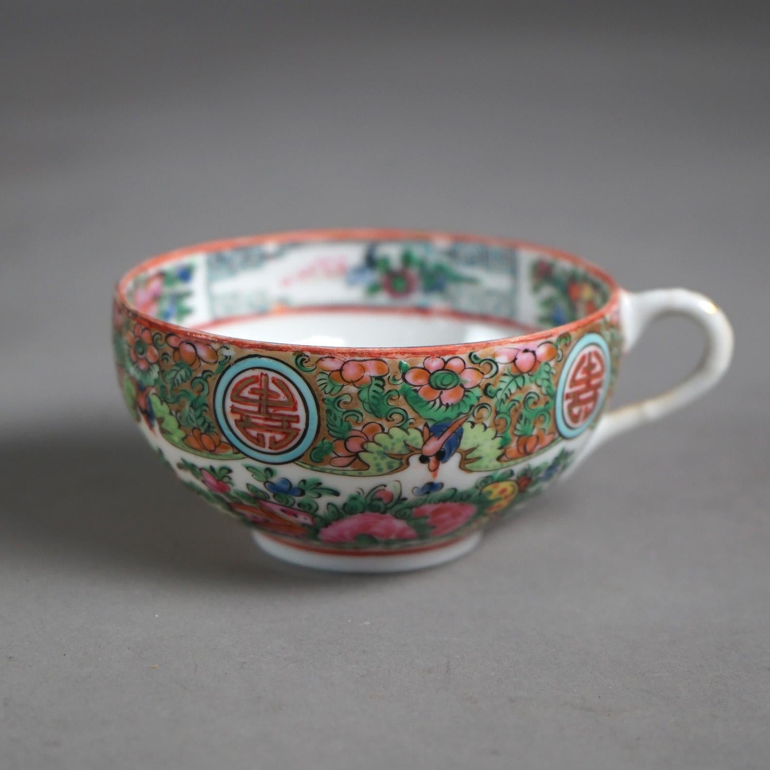 31 Pieces Antique Rose Medallion Plates, Saucers & Cups with Garden Scenes C1920 In Good Condition In Big Flats, NY