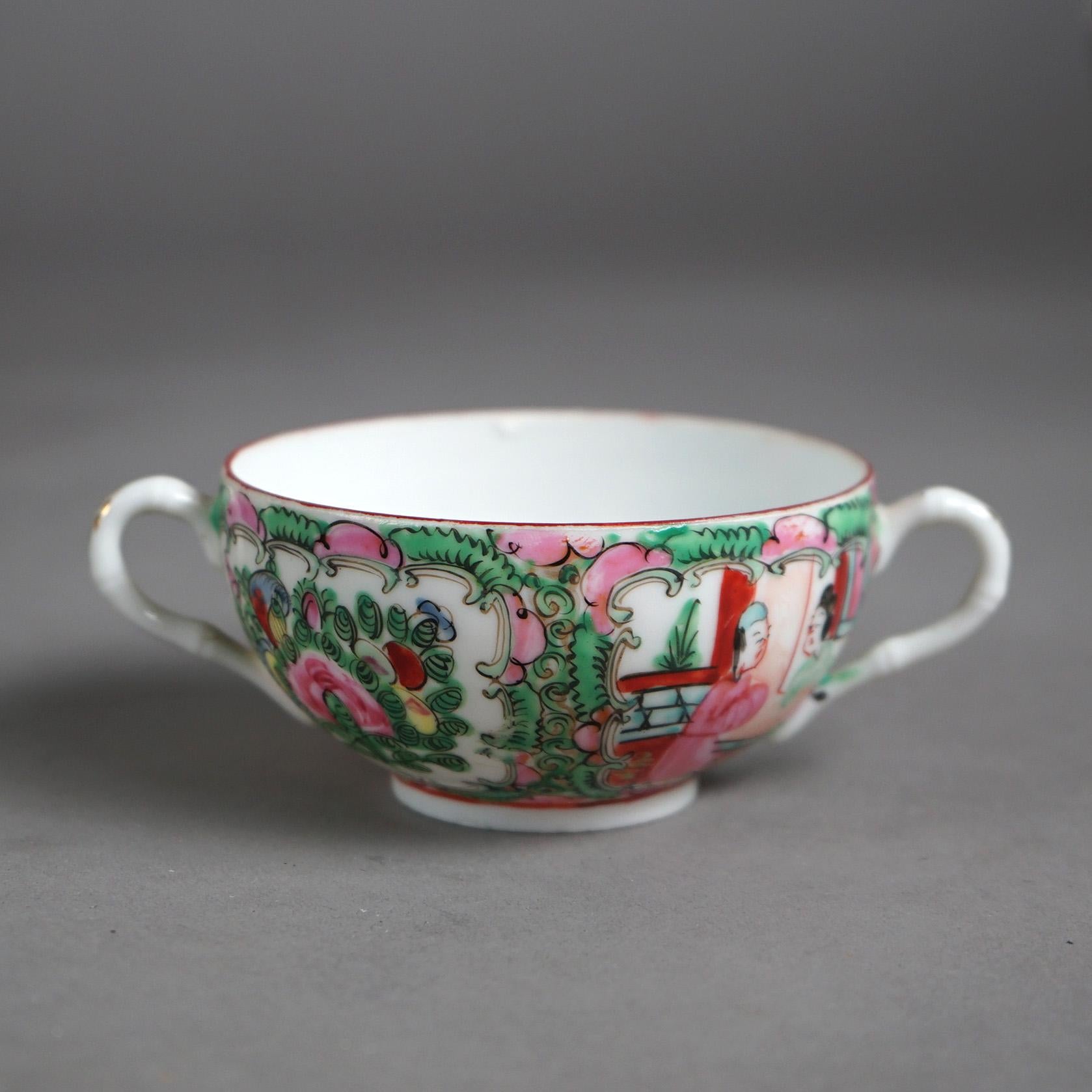 Porcelain 31 Pieces Antique Rose Medallion Plates, Saucers & Cups with Garden Scenes C1920