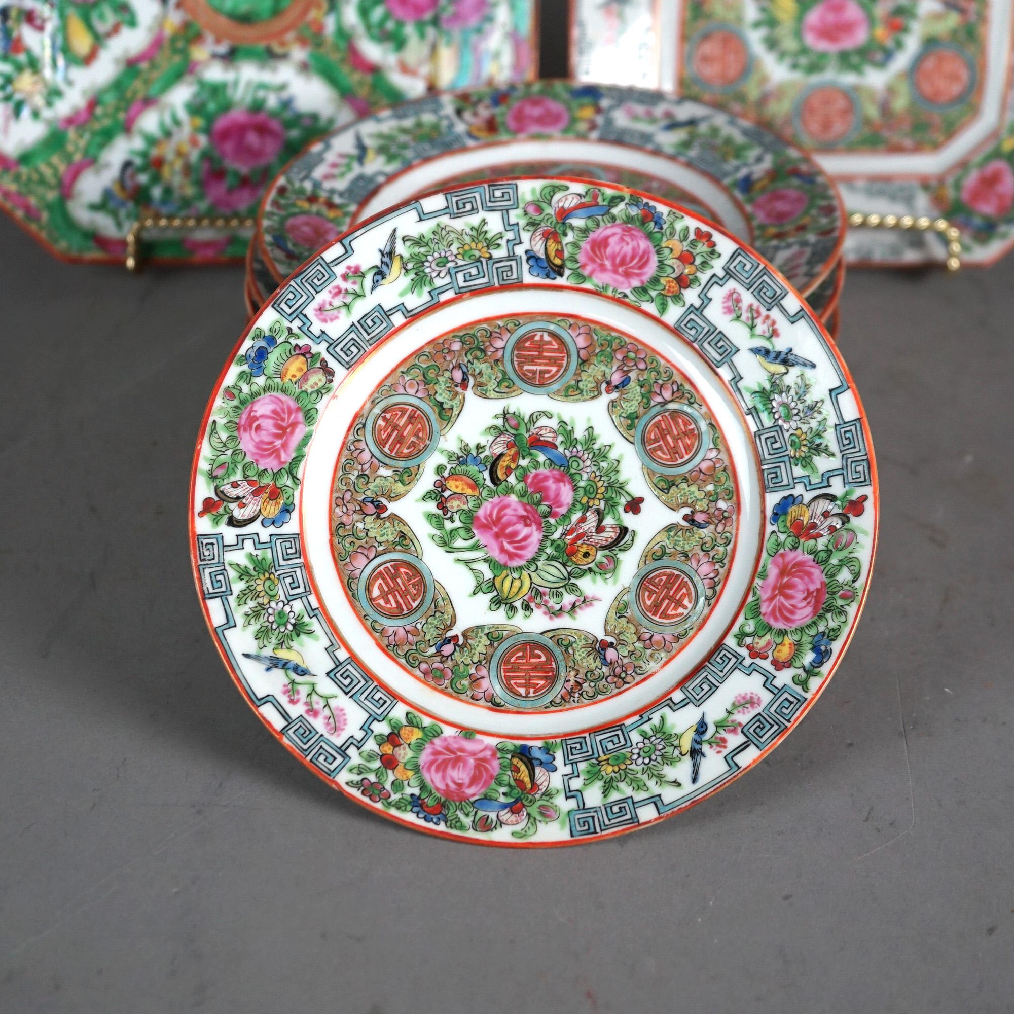 31 Pieces Antique Rose Medallion Plates, Saucers & Cups with Garden Scenes C1920 3