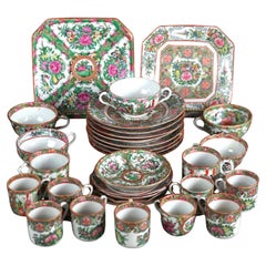 31 Pieces Antique Rose Medallion Plates, Saucers & Cups with Garden Scenes C1920