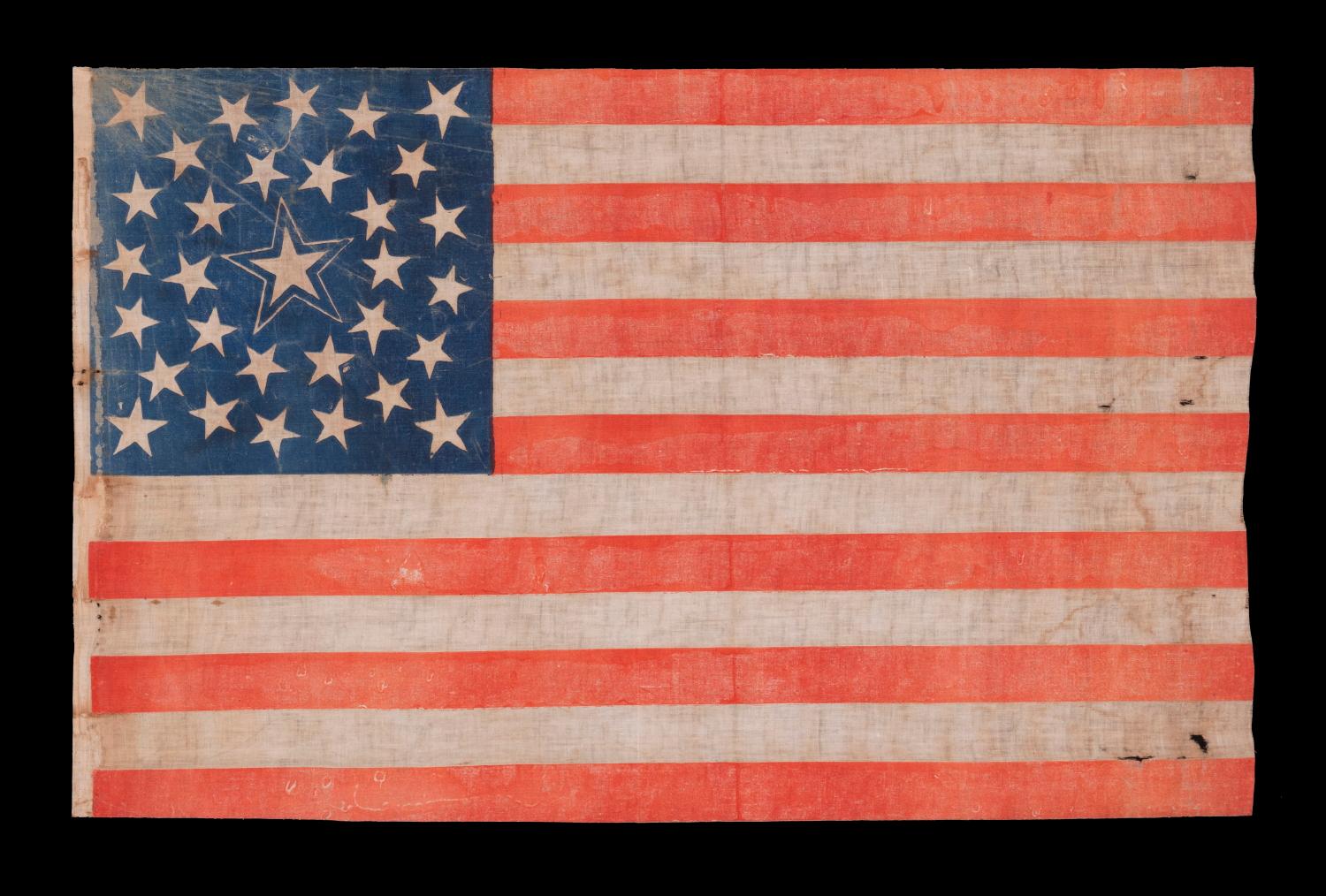 31 Stars, Pre-Civil War (1850-1858), California Statehood, Medallion Configuration With A Large, Haloed Center Star

31 star American national flag, printed on plain weave cotton, with a medallion configuration of stars. This consists of a large