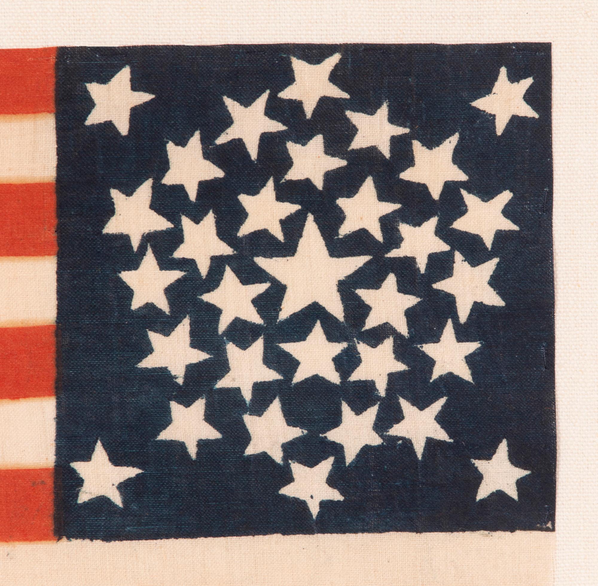 31 STAR PARADE FLAG, MADE FOR THE 1860 CAMPAIGN OF JOHN BELL & EDWARD EVERETT, WITH A “UNION AND THE CONSTITUTION” SLOGAN, PROBABLY MADE BY H.C. HOWARD OF PHILADELPHIA

31 star American parade flag, block printed on cotton, made for the 1860