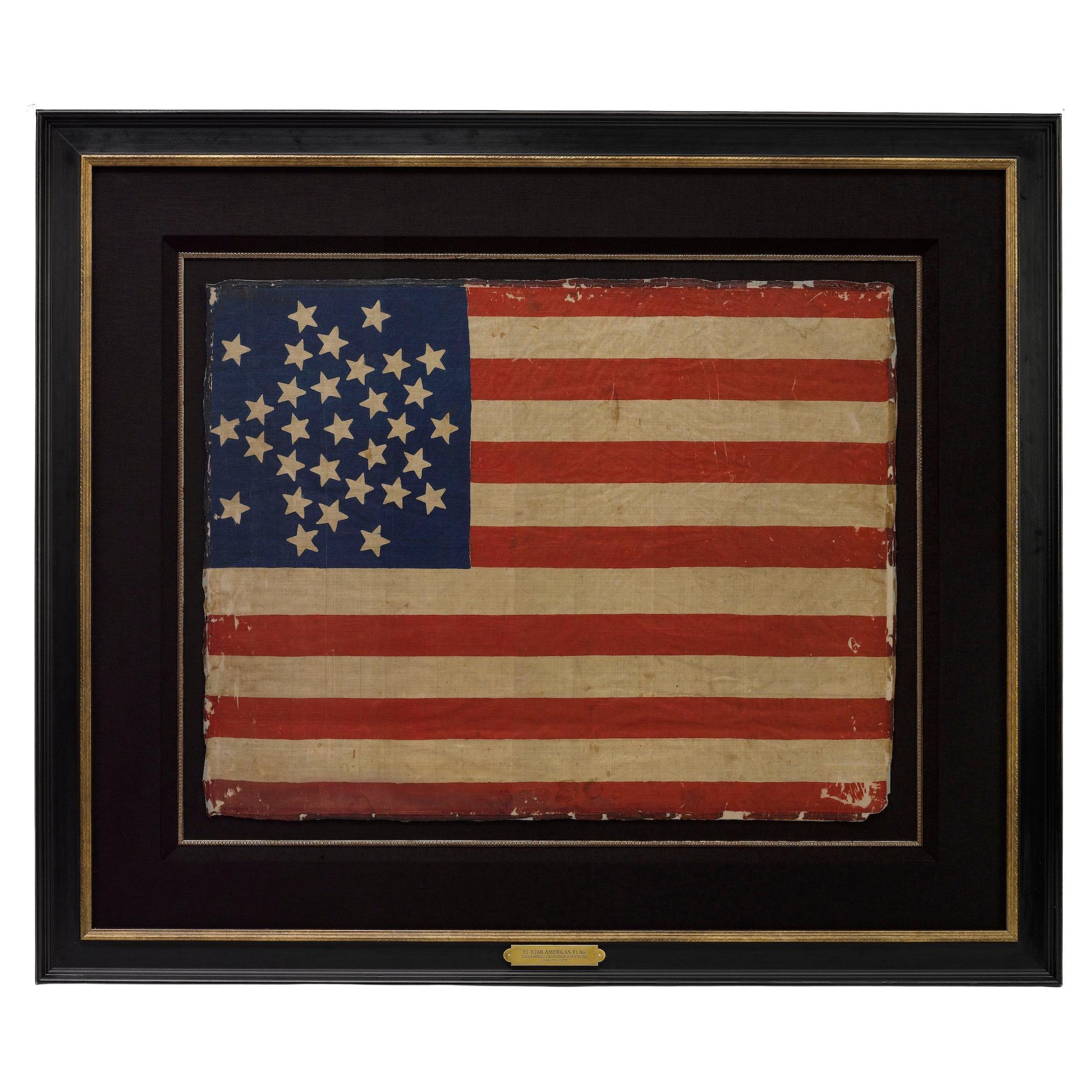 31-Sterne-gedruckte amerikanische Flagge, zum Gedenken an die Staatlichkeit Kaliforniens, um 1850 im Angebot