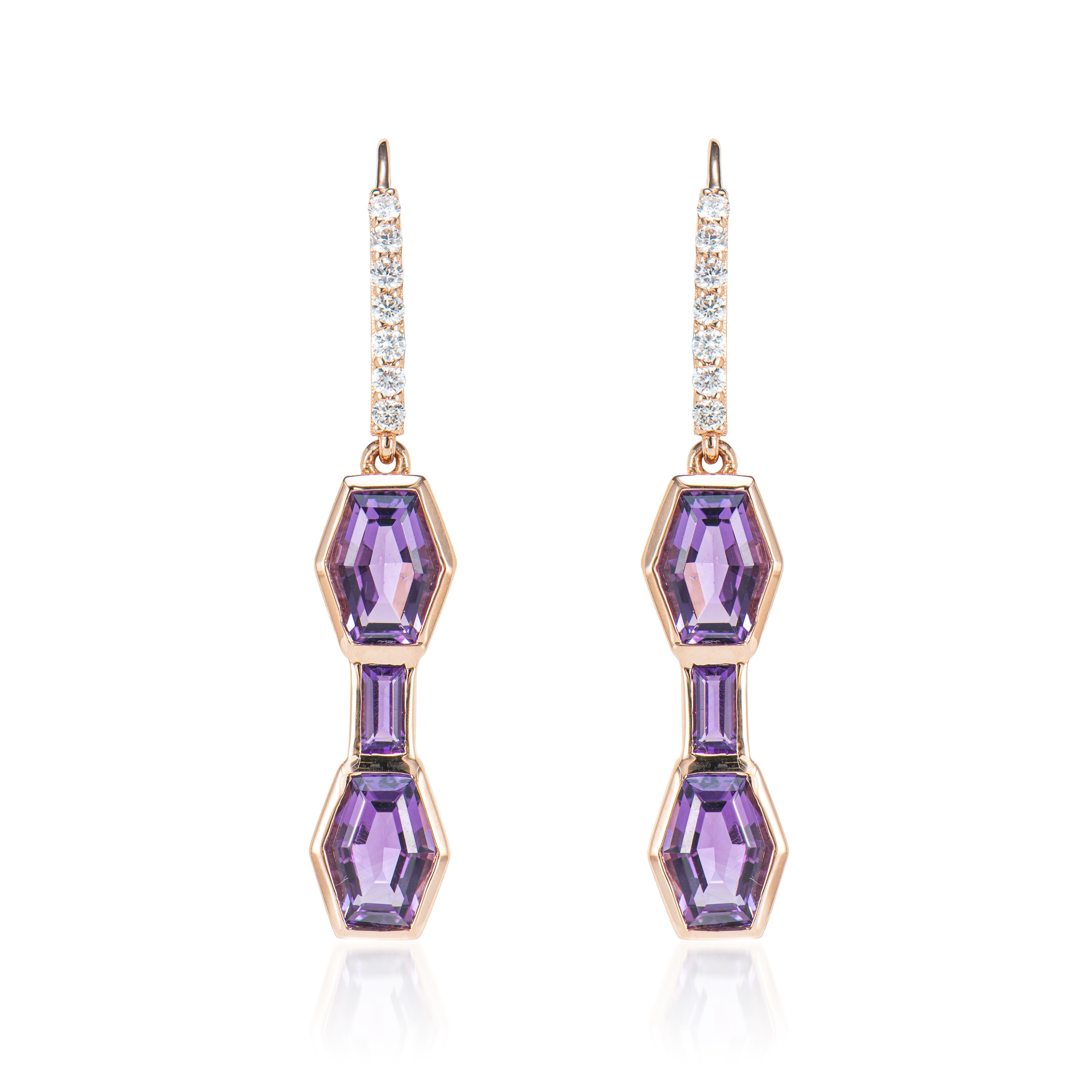 Contemporary 3.10 Carat Amethyst Drop Earrings in 14 Karat Rose Gold with White Diamond. For Sale