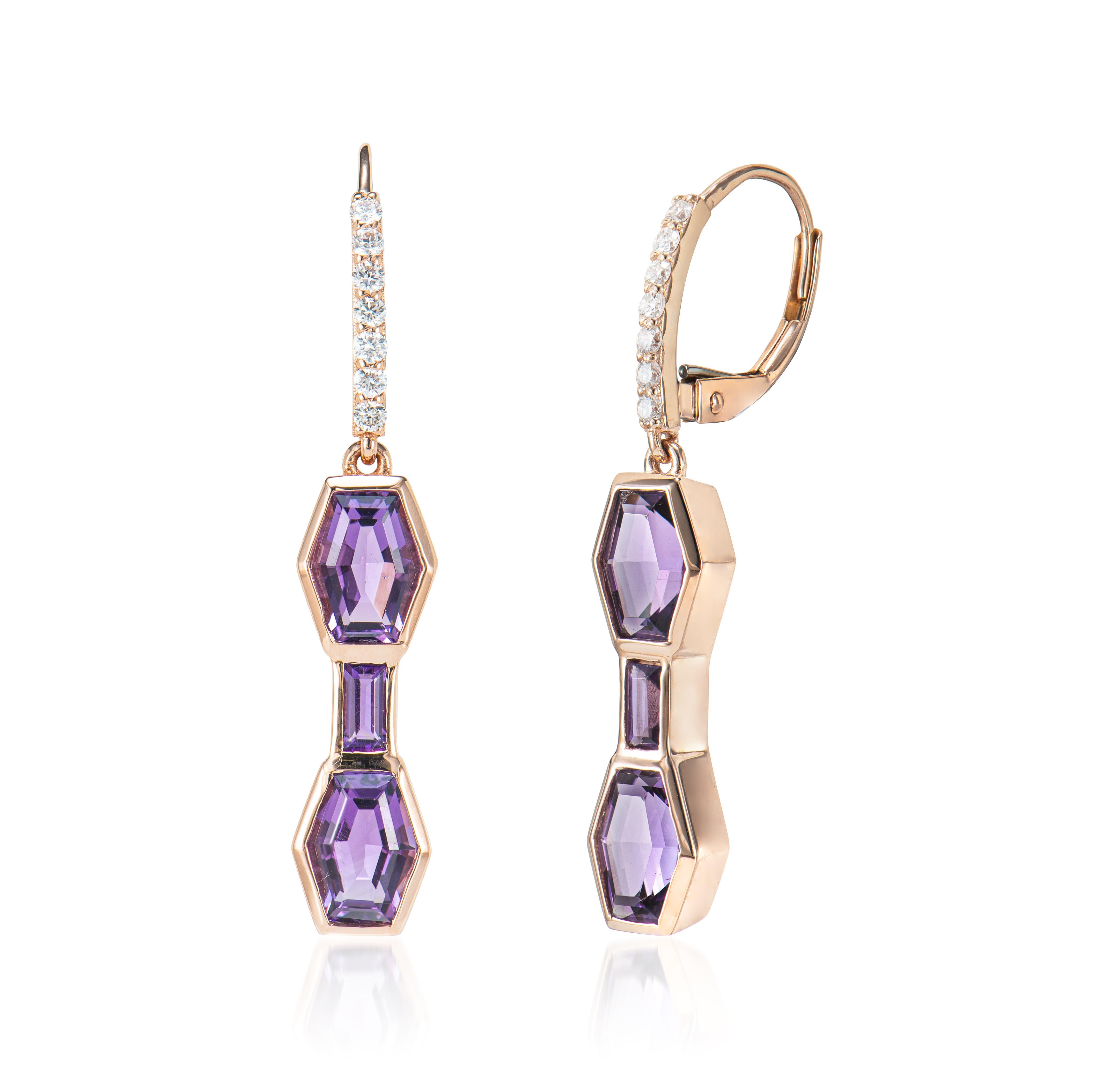 Hexagon Cut 3.10 Carat Amethyst Drop Earrings in 14 Karat Rose Gold with White Diamond. For Sale