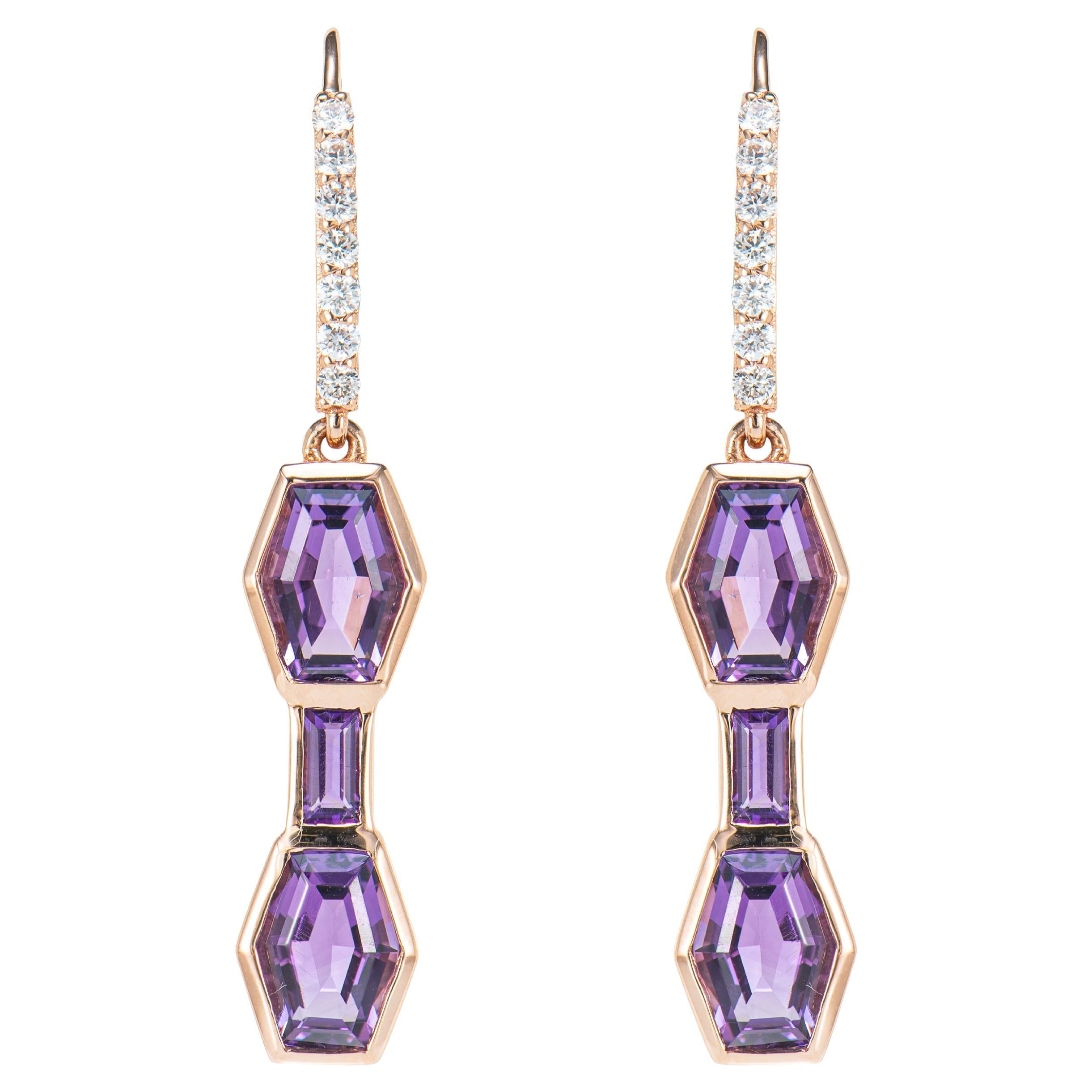 Sunita Nahata Amethyst 3.10ct. Drop Earrings in 14KRG with Diamond. For Sale