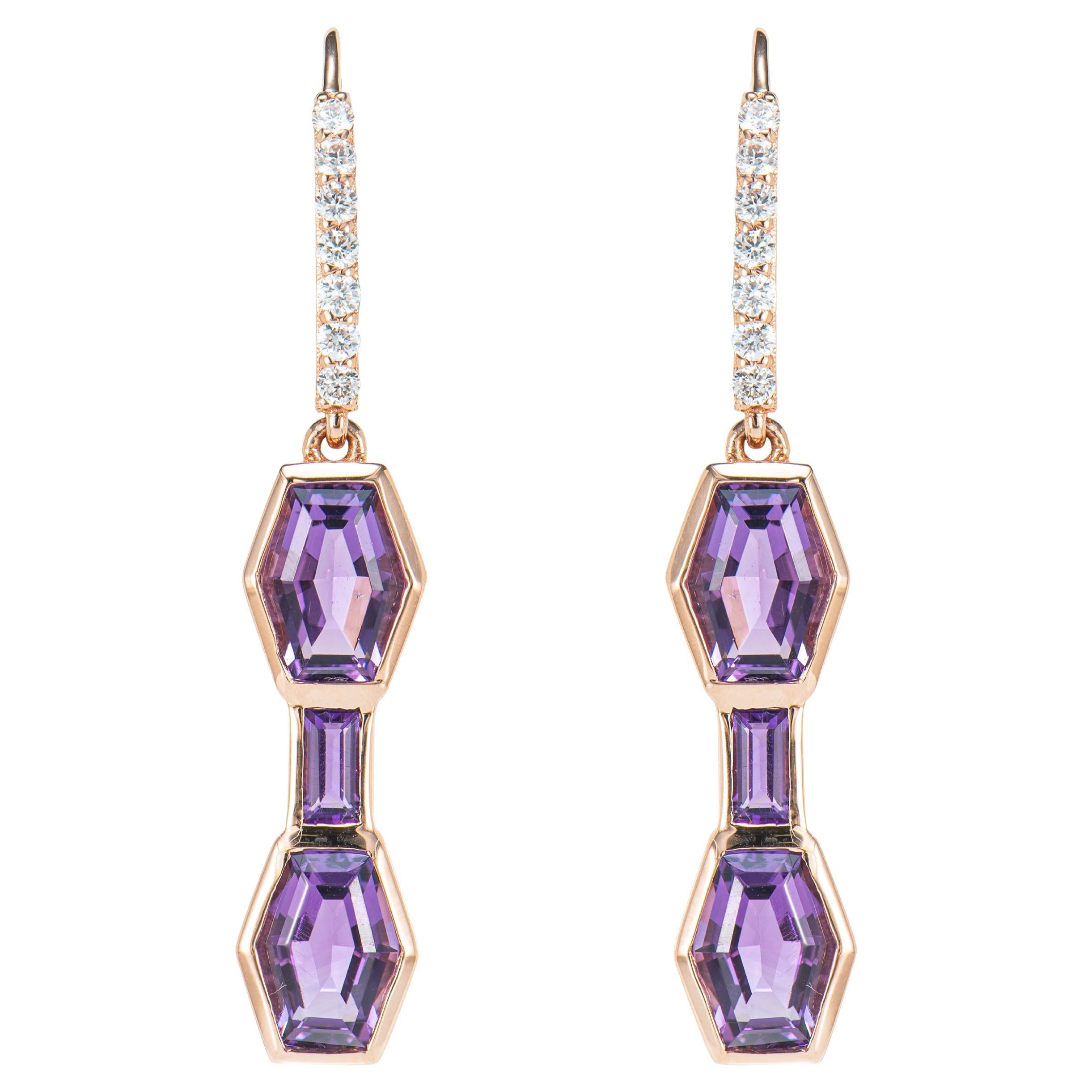 3.10 Carat Amethyst Drop Earrings in 14 Karat Rose Gold with White Diamond. For Sale