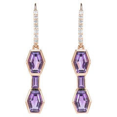 3.10 Carat Amethyst Drop Earrings in 14 Karat Rose Gold with White Diamond.