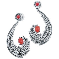 3.10 Carat Baguette Diamonds and Red Coral Earrings