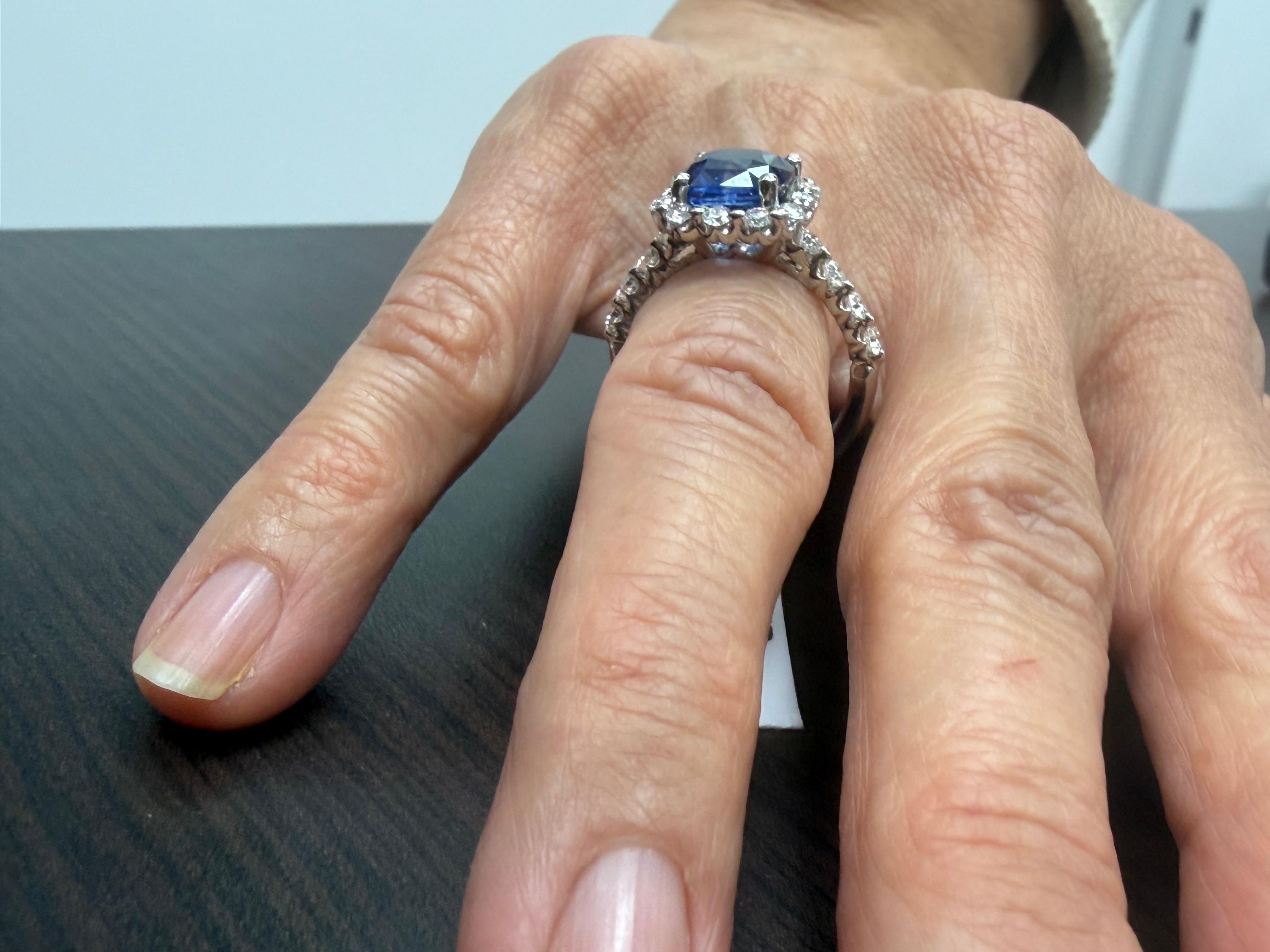 Moderne Bague halo en saphir bleu et diamant de 3,10 carats en vente