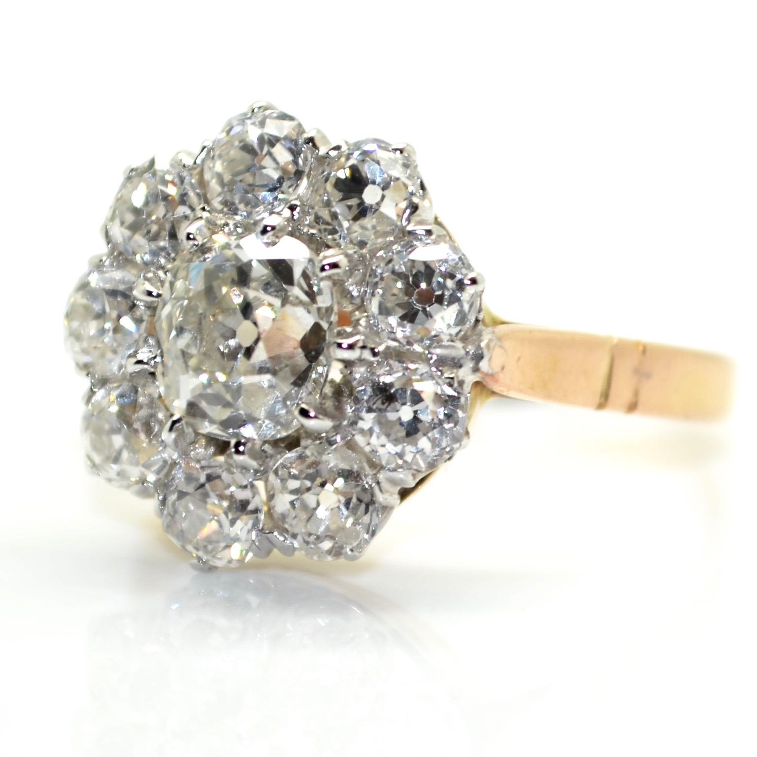 French antique ring, circa 1900.
This classical cluster ring is weighting 5,30g and has French assay marks attesting the 18k gold and platinum.
Made of yellow gold and platinum, the ring is set with an old European cut diamond (estimated weight of