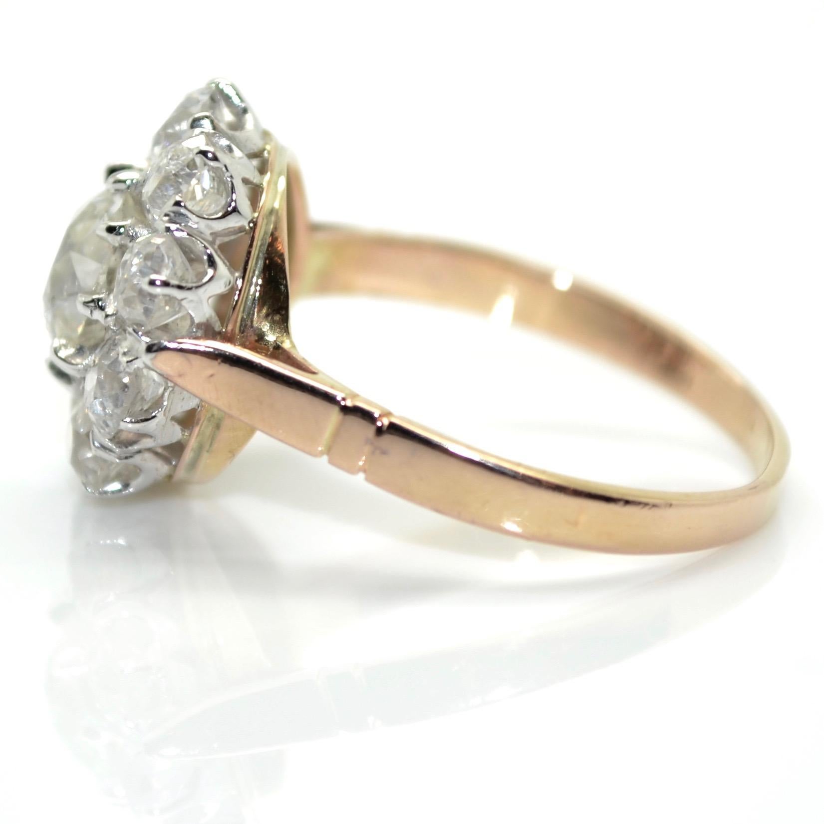 Retro 3.10 Carat diamonds 18 Karat Yellow Gold and Platinum Engagement Cluster Ring