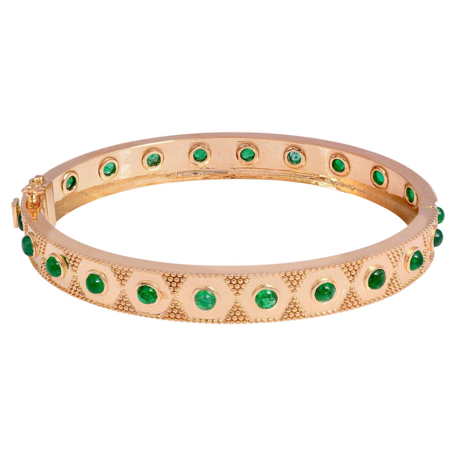 3.10 Carat Emerald 14 Karat Gold Station Bangle Bracelet For Sale