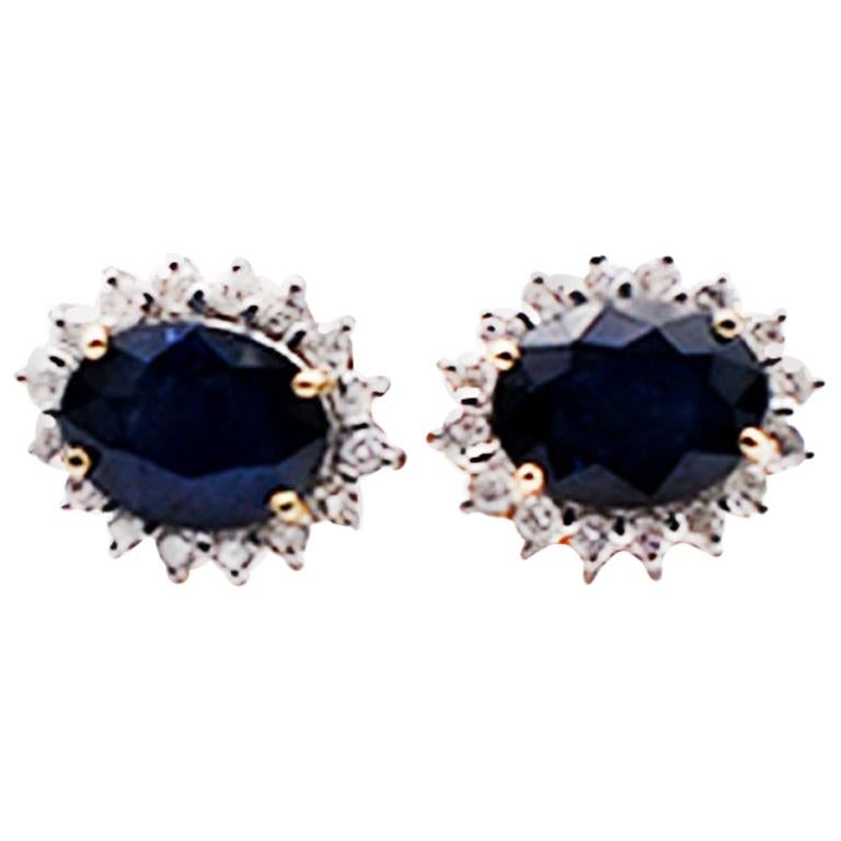 3.10 Carat Halo Blue Sapphire and Diamond Earrings 14 Karat Yellow Gold