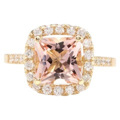 3,10 Quilates Impresionante Anillo de Morganita Natural y Diamante en Oro Amarillo de 14 Kilates