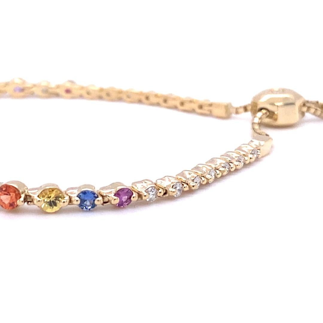 Round Cut 3.10 Carat Multi Color Sapphire Diamond Adjustable Bracelet 14 Karat Yellow Gold