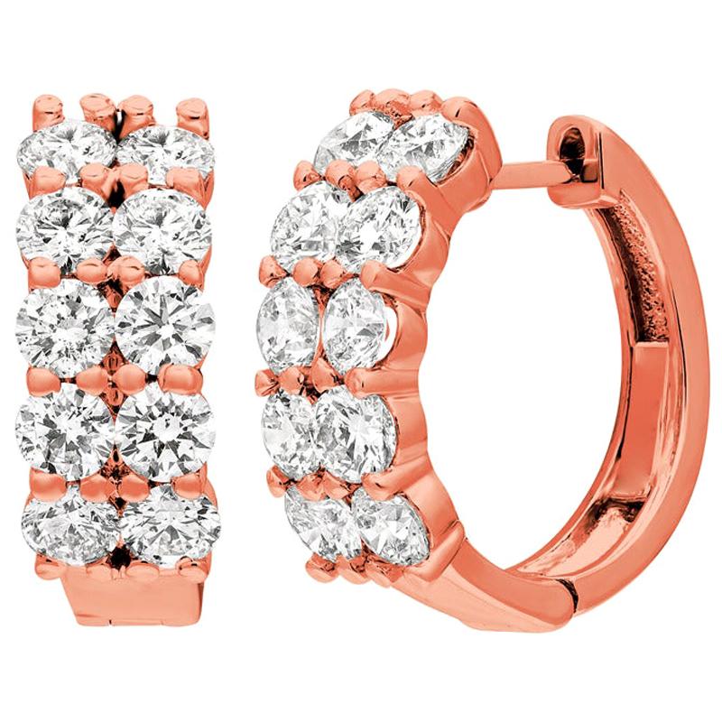 3.10 Carat Natural 2 Rows Diamond Hoop Earrings G SI 14 Karat Rose Gold