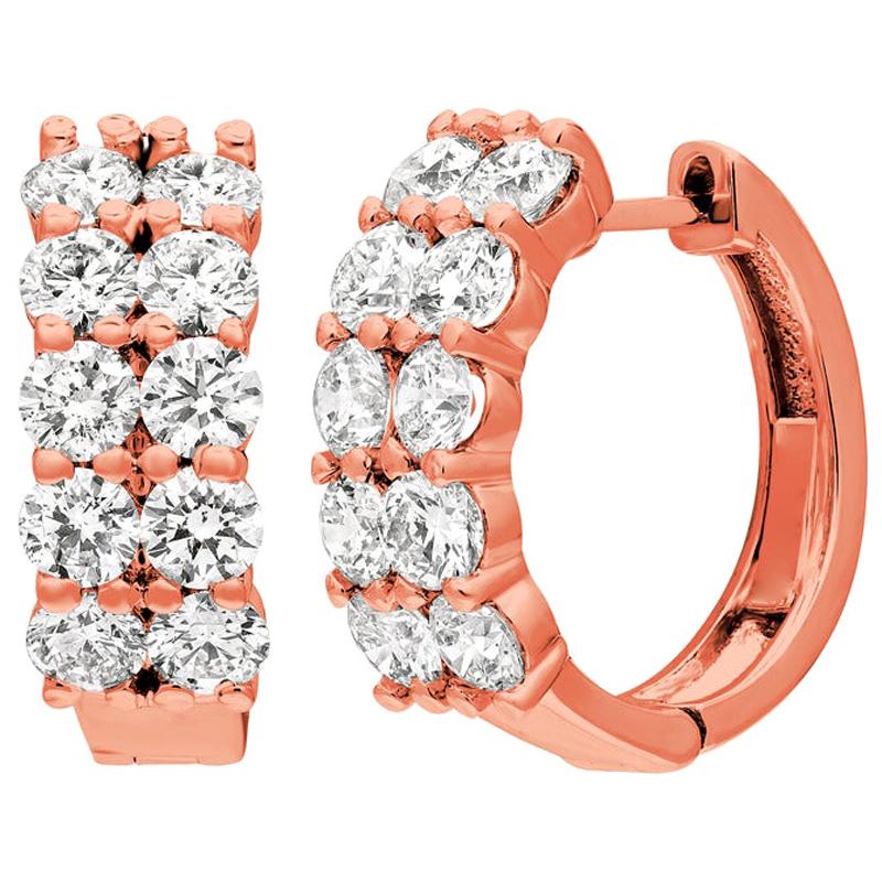 3.10 Carat Natural 2 Rows Diamond Hoop Earrings G SI 14 Karat Rose Gold For Sale