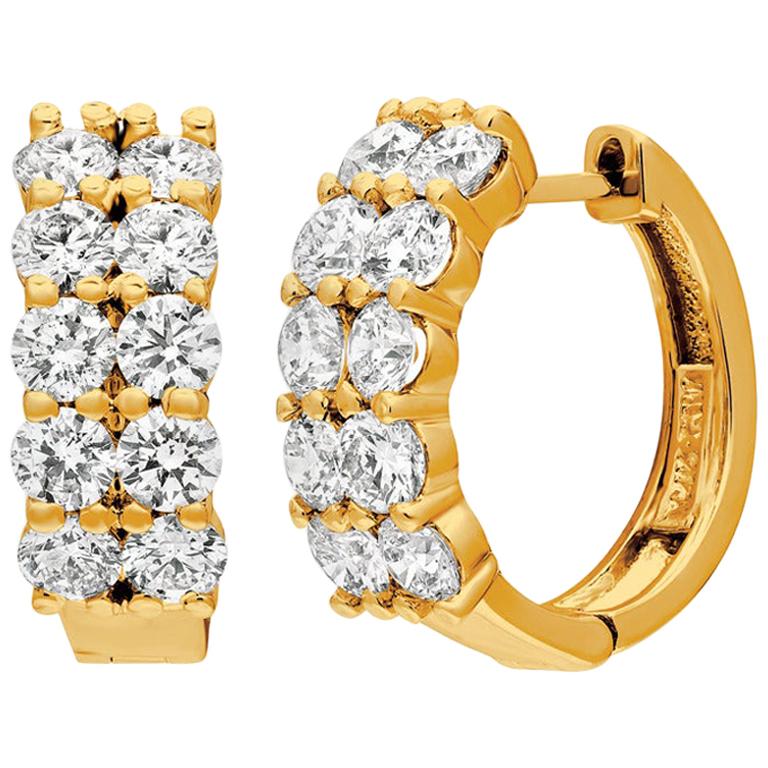 Créoles en or jaune 14 carats à 2 rangées de diamants naturels de 3,10 carats G SI