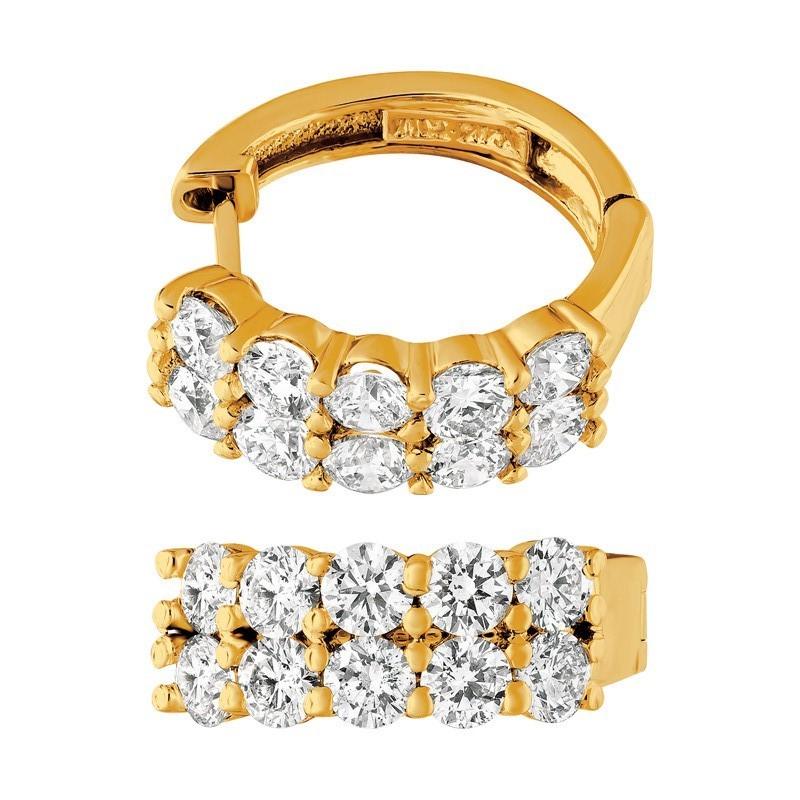 Contemporary 3.10 Carat Natural 2 Rows Diamond Hoop Earrings G SI 14 Karat Yellow Gold For Sale