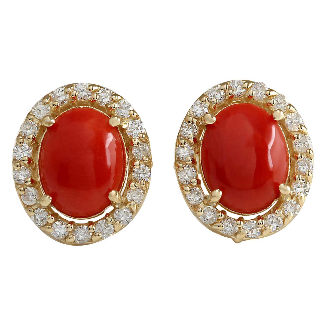 Coral Diamond Earrings In 14 Karat Yellow Gold For Sale
