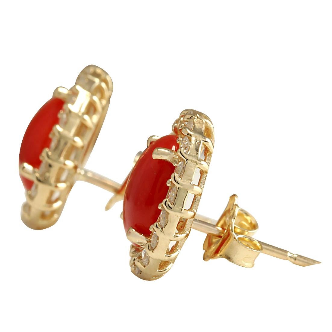 Stamped: 14K Yellow Gold
Total Earrings Weight: 3.0 Grams
Total Natural Coral Weight is 2.60 Carat (Measures: 9.00x7.00 mm)
Color: Red
Total Natural Diamond Weight is 0.50 Carat
Color: F-G, Clarity: VS2-SI1
Face Measures: 13.75x11.65 mm
Sku: