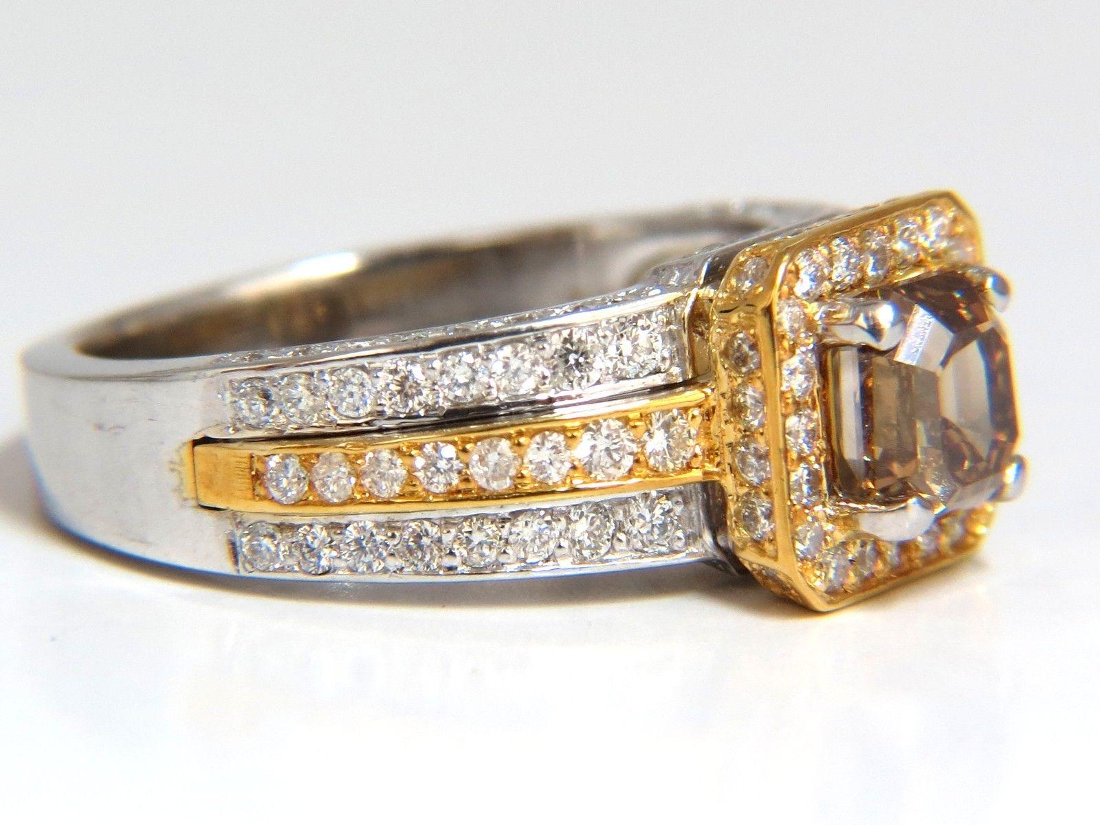 Taille émeraude Bague Art déco en or 14 carats avec diamants bruns jaunes fantaisie naturels de 3,10 carats et halo en relief en vente
