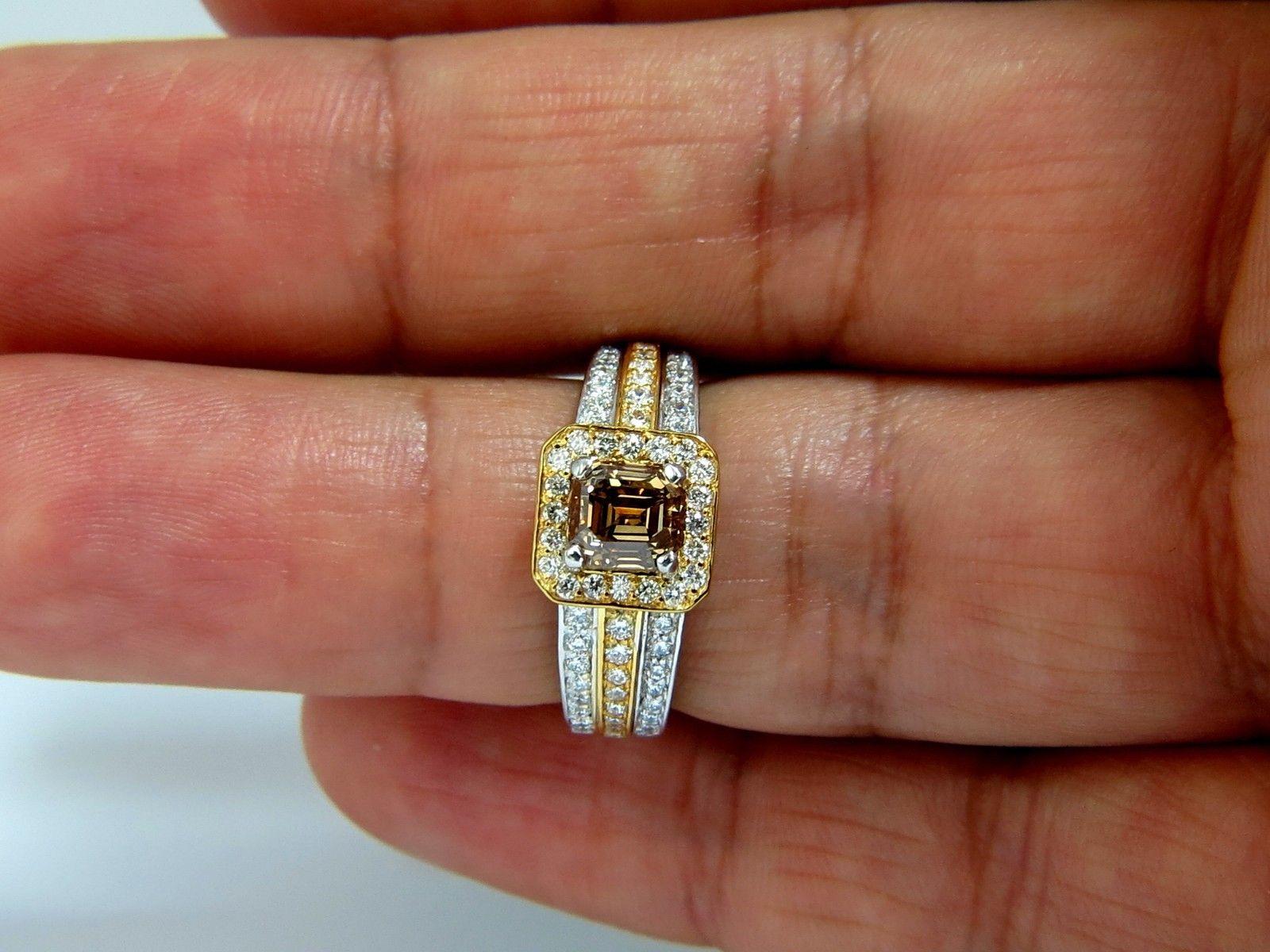 Bague Art déco en or 14 carats avec diamants bruns jaunes fantaisie naturels de 3,10 carats et halo en relief en vente 1