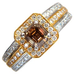 Bague Art déco en or 14 carats avec diamants bruns jaunes fantaisie naturels de 3,10 carats et halo en relief