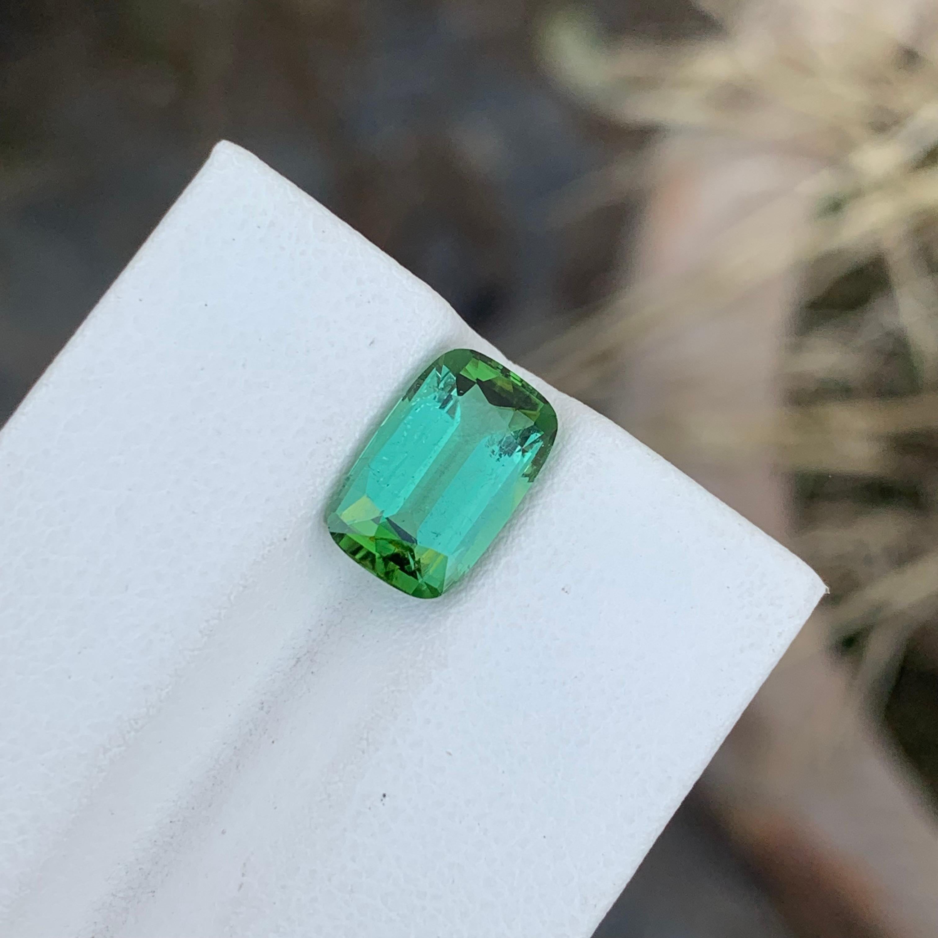Loose Mint Green Tourmaline
Weight: 3.10 Carats
Dimension: 11 x 7 x 4.9 Mm
Colour : Mint Green
Origin: Afghanistan
Shape: Long Cushion 
Certificate: On Demand
Treatment: Non

Mint tourmaline, a delicate and soothing variety within the tourmaline