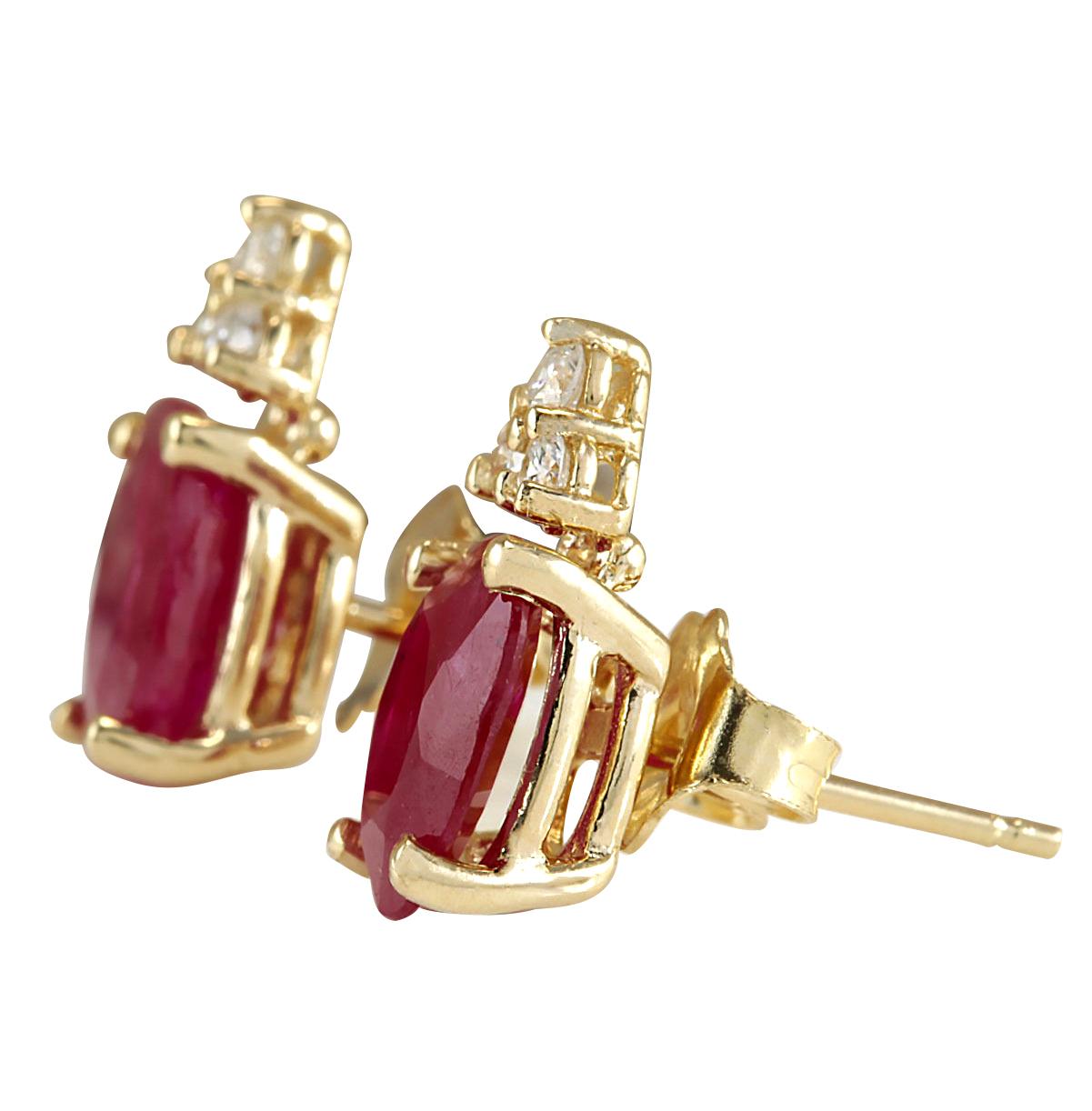 Stamped: 14K Yellow Gold
Total Earrings Weight: 2.0 Grams
Total Natural Ruby Weight is 2.90 Carat (Measures: 8.00x6.00 mm)
Color: Red
Total Natural Diamond Weight is 0.20 Carat
Color: F-G, Clarity: VS2-SI1
Face Measures: 12.40x5.90 mm
Sku: [702935W]