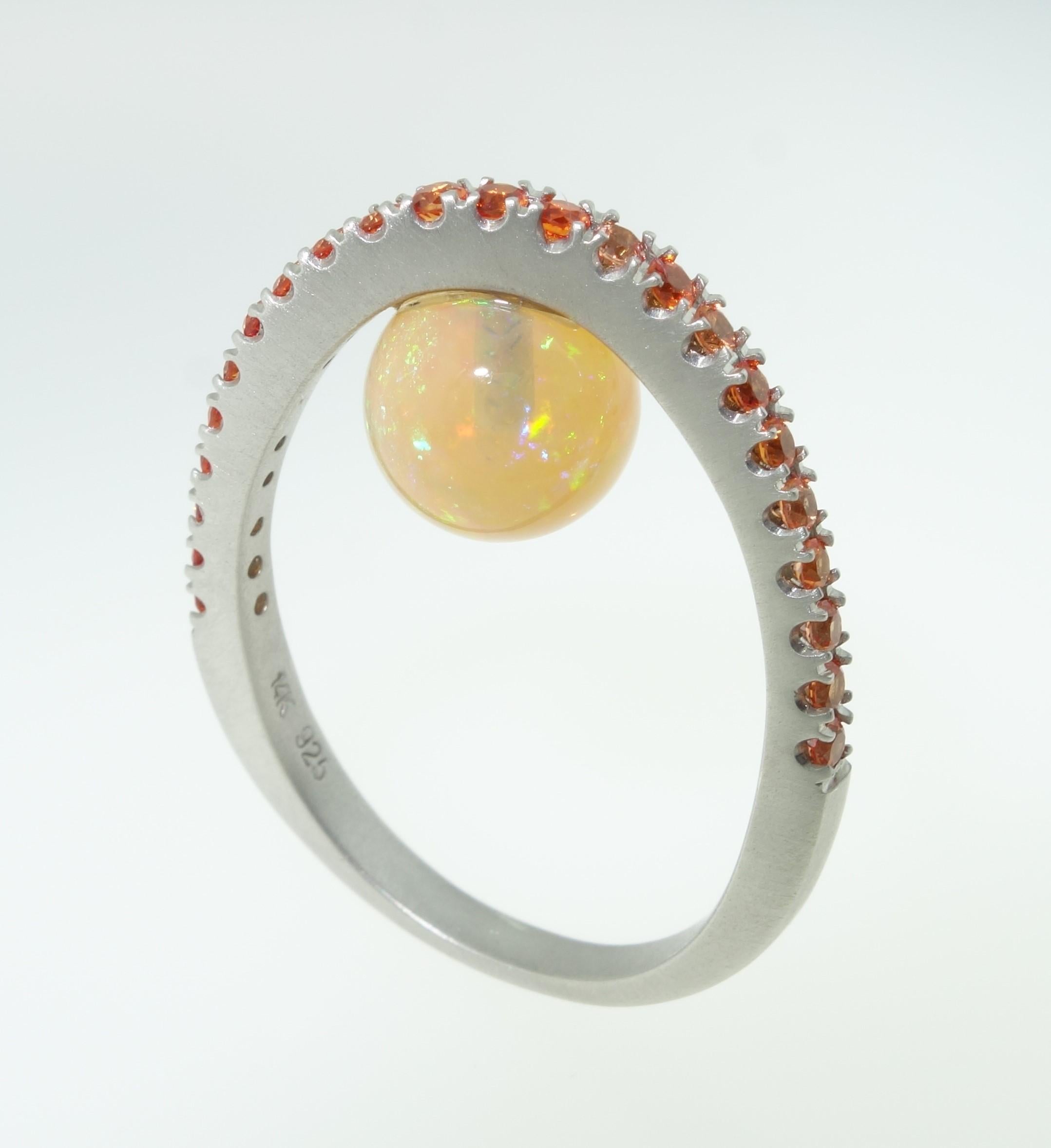 Contemporary 3.10 Carat Opal and Orange Sapphire Statement Ring For Sale