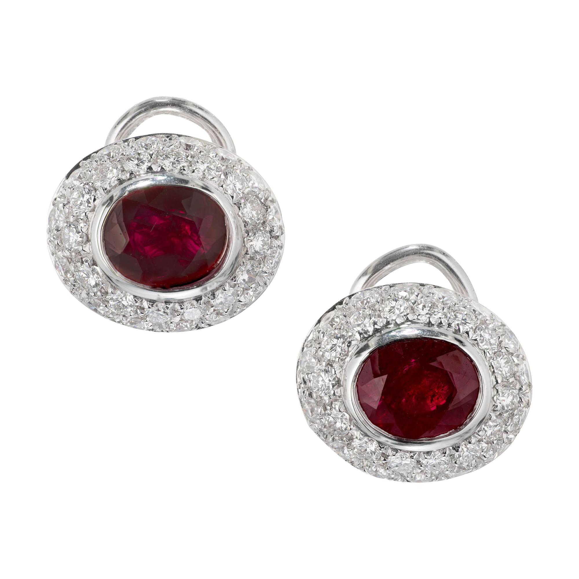 3.10 Carat Oval Ruby Pave Diamond Gold Clip Post Earrings For Sale