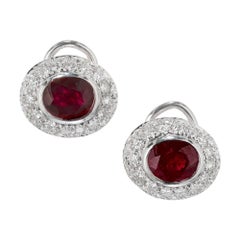 Vintage 3.10 Carat Oval Ruby Pave Diamond Gold Clip Post Earrings
