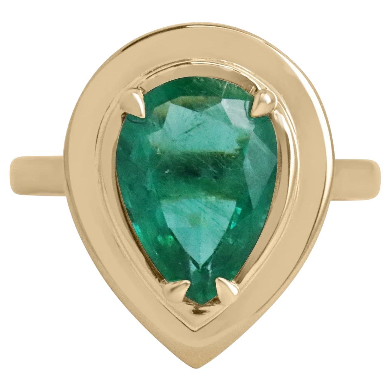 3.10 Carat Pear Cut Emerald Solitaire Half Bezel Statement Ring Gold 18K For Sale