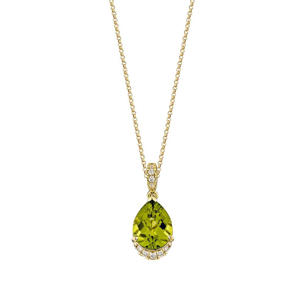 3,10 Karat Peridot-Anhänger aus 18 Karat Gelbgold mit weißem Diamanten. (Tropfenschliff) im Angebot