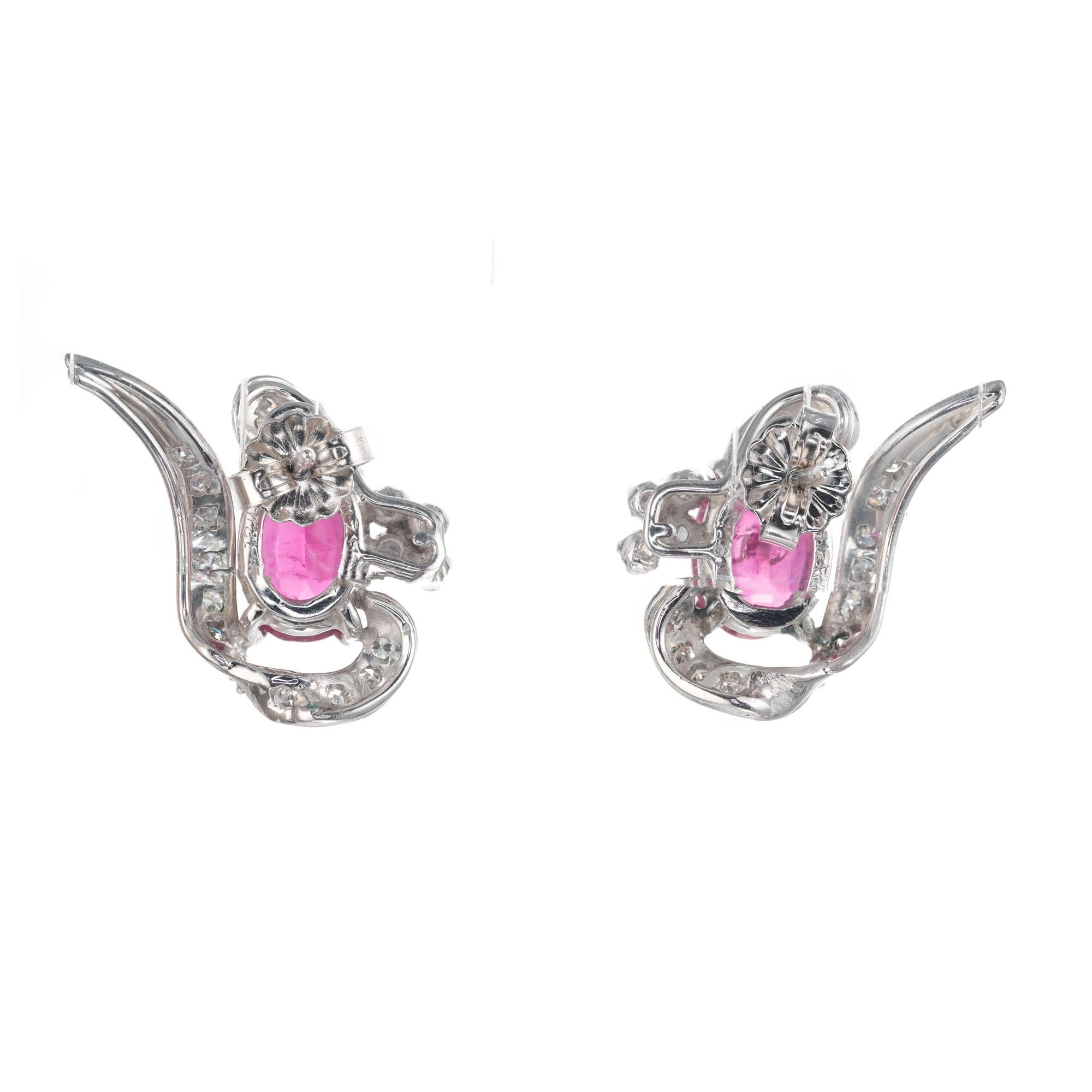 Oval Cut 3.10 Carat Pink Tourmaline Diamond White Gold Swirl Midcentury Earrings For Sale