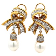 3,10 Karat runder Brillant Diamant 10,05-11,2MM Perle 14K YG baumelnde Ohrringe